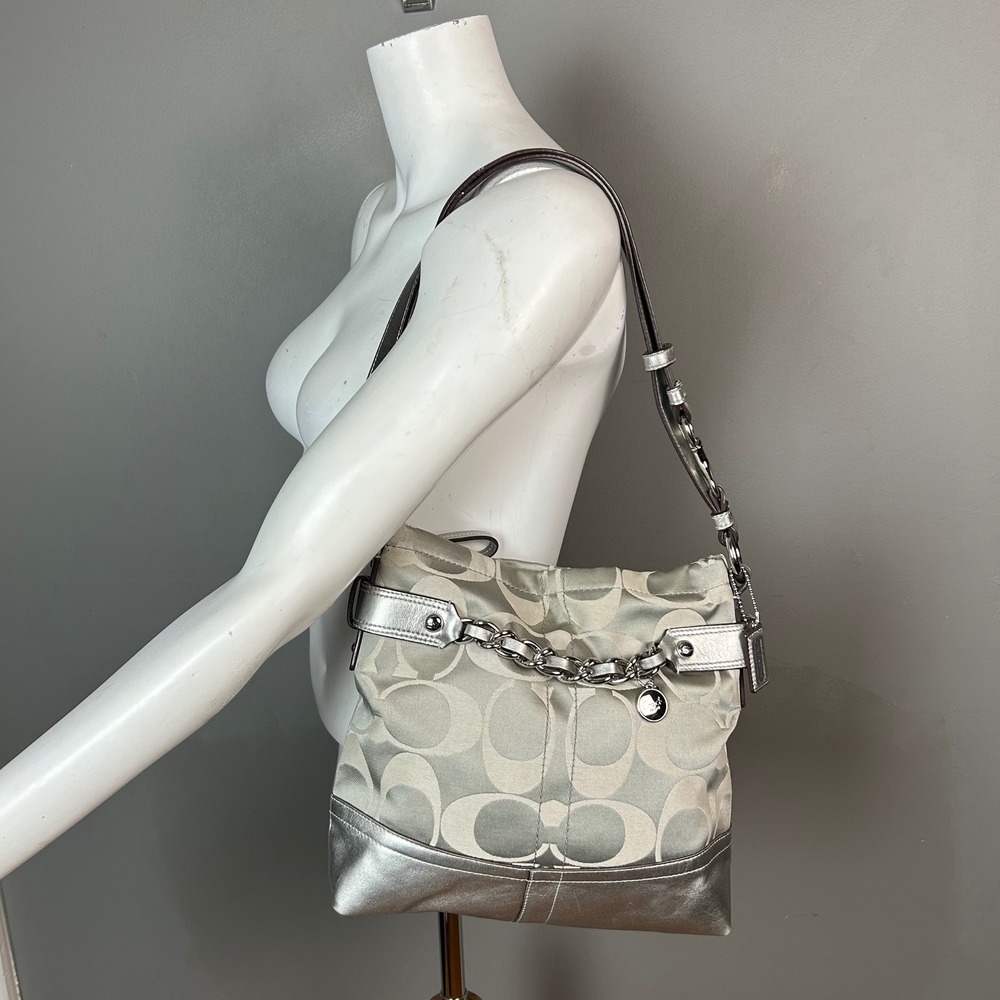 Y2K Coach Signature Metallic Leather Hobo Bag Chain Canvas Monochromatic F18862